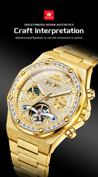 OLEVS Gold Steel Men's Watches Top Brand Automatic Mechanical Luxury Watch Sport Waterproof Tourbillon Wrist Watch Reloj Hombre