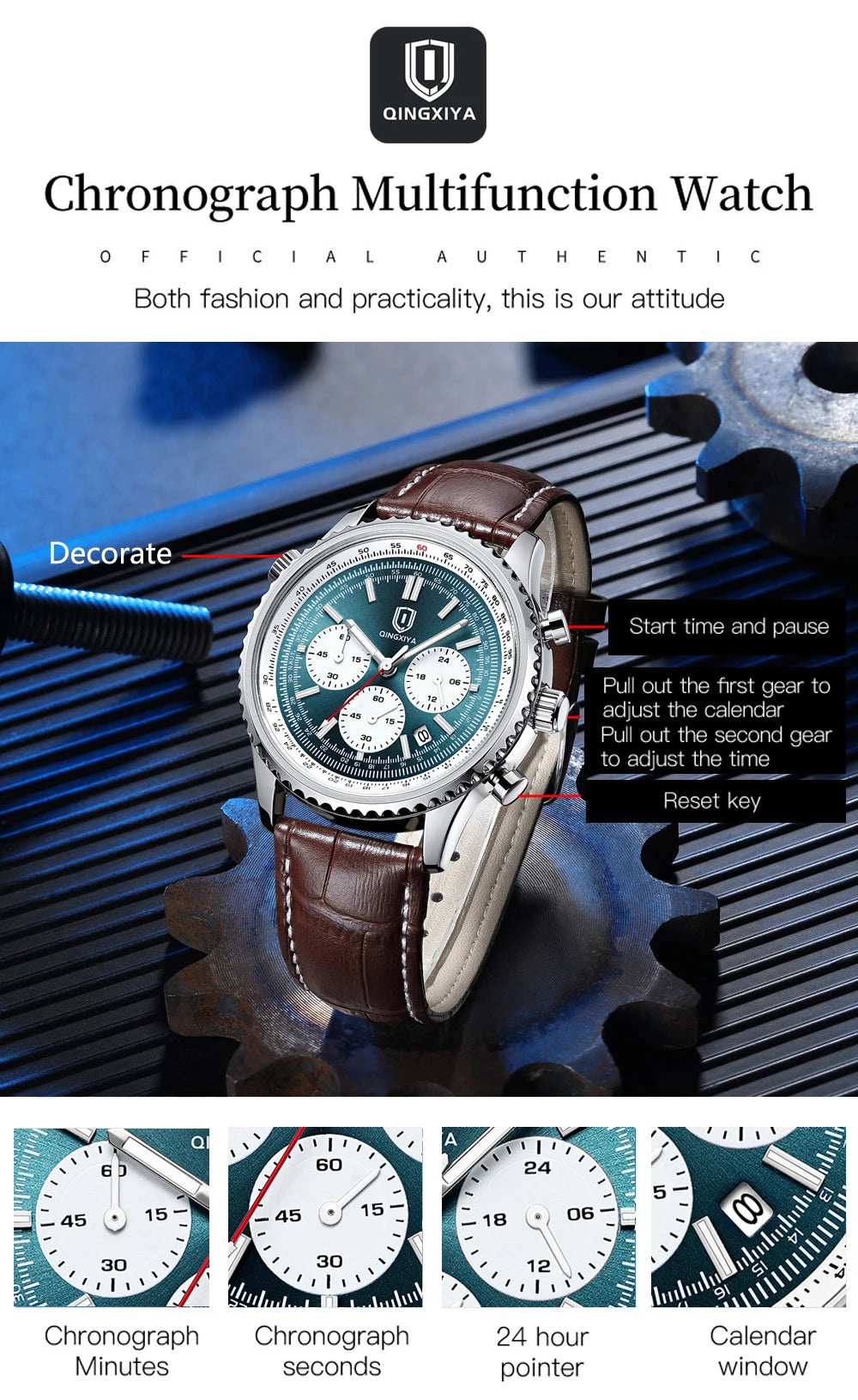 QINGXIYA Montre de luxe pour homme, à quartz, étanche, luminescente, avec date et chronographe, bracelet en cuir, montre-bracelet militaire et sportive pour homme, Reloj