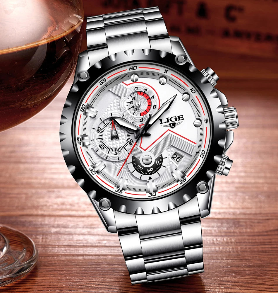 Orologio da uomo LIGE – Orologio al quarzo di tendenza, marchio di lusso, interamente in acciaio, stile professionale, impermeabile e sportivo – Fornito con scatola
