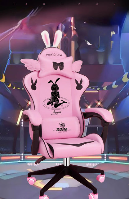 Pink Gaming Chair for Girls with Footrest, Ergonomic Swivel Gaming Chair, Adjustable Office Computer Chair, Cute Cartoon Gamer Chair