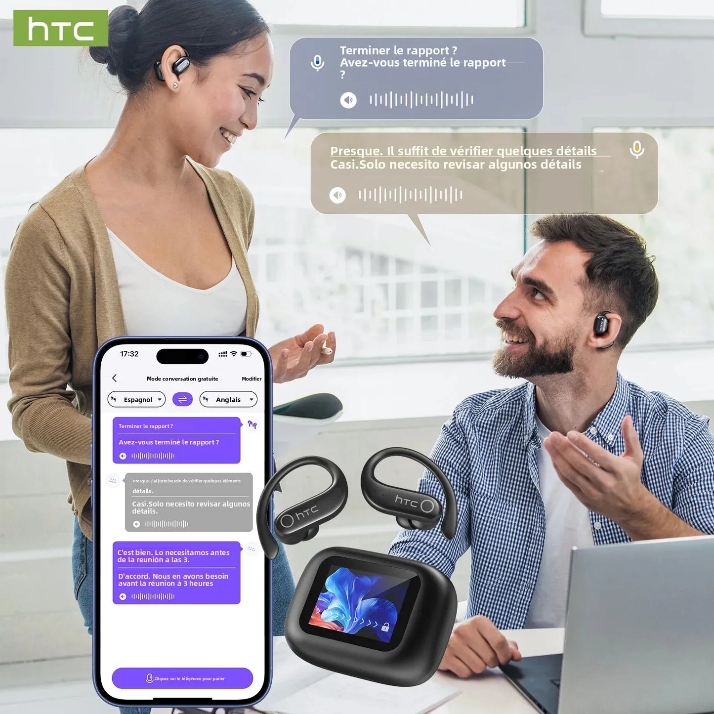 HTC NE61 Bluetooth Earphones – Premium Wireless Noise Reduction Sports Earbuds with AI Translator, Heart Rate Monitor & HD Bass