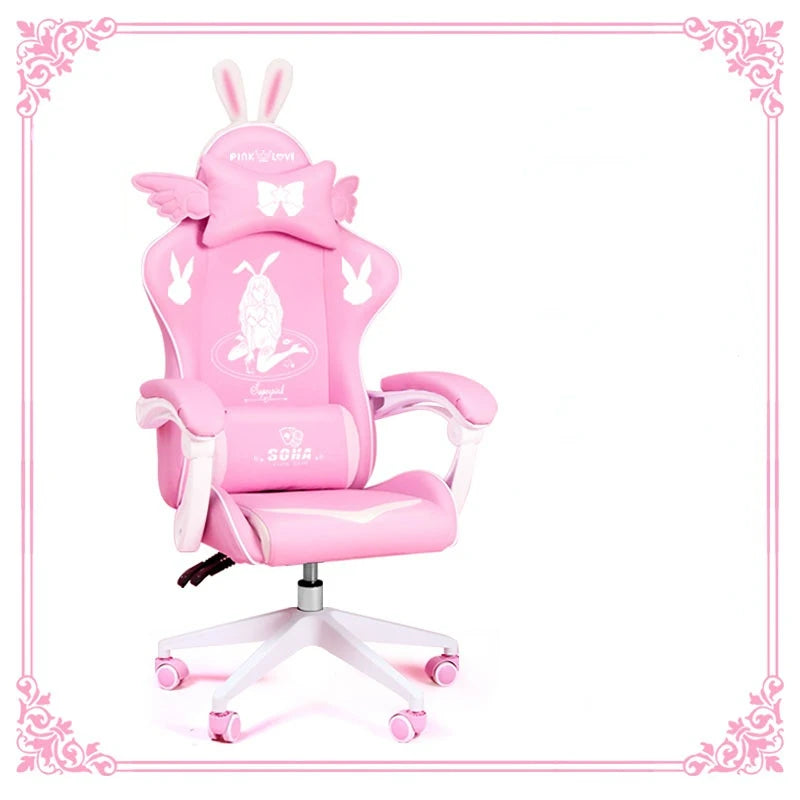 Pink Gaming Chair for Girls with Footrest, Ergonomic Swivel Gaming Chair, Adjustable Office Computer Chair, Cute Cartoon Gamer Chair
