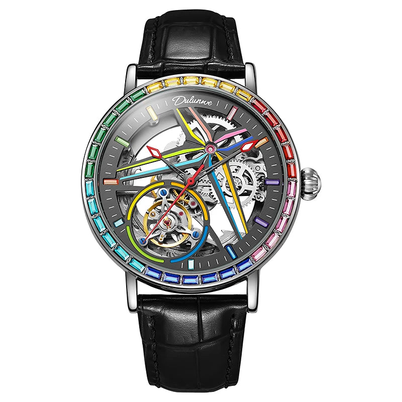 Rainbow Colored Gemstone Tourbillon Fashion Skeleton Watch Men Waterproof 30M Sports Watches Luxury Automatic Mechanical Clock
