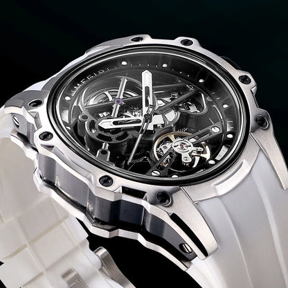 MEGIR Skeleton Dial Automatic Mechanical Watch Men Stainless Steel Case Waterproof Luminous Sport Wristwatch with Silicone Strap