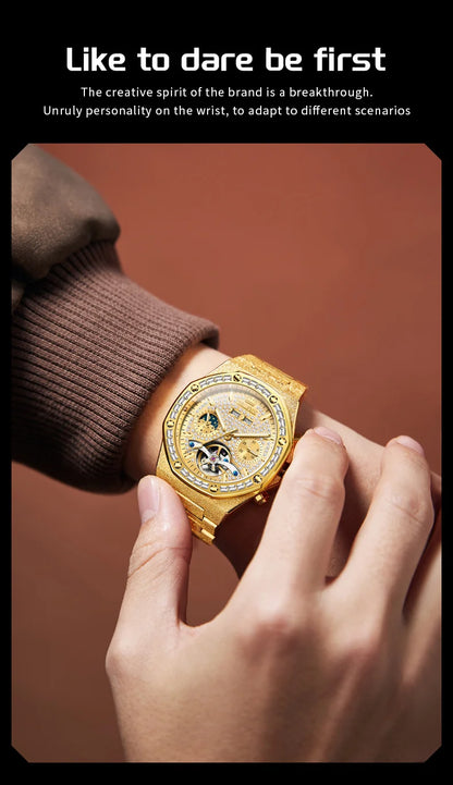 OLEVS Gold Steel Men's Watches Top Brand Automatic Mechanical Luxury Watch Sport Waterproof Tourbillon Wrist Watch Reloj Hombre