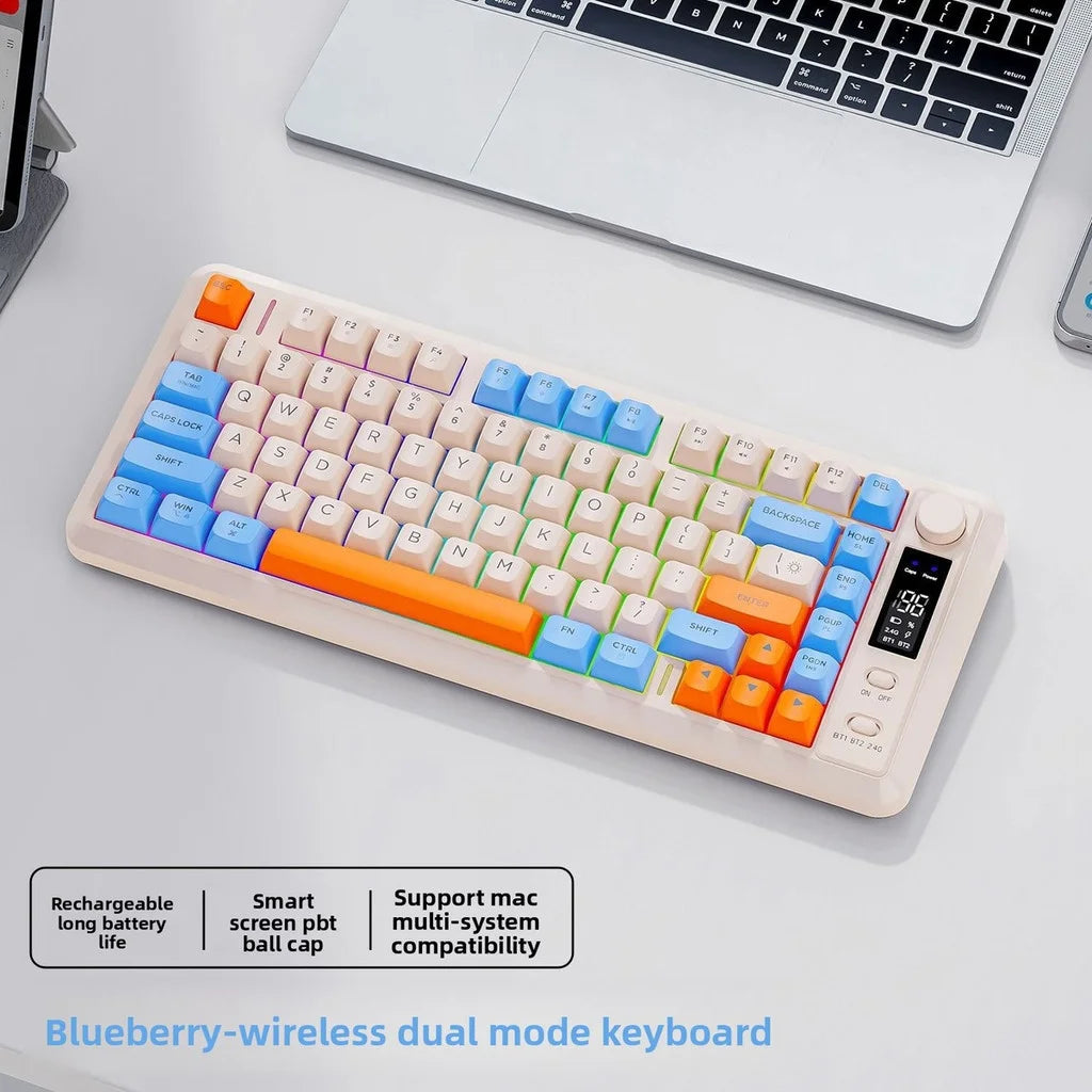 FREE WOLF M75 82-Key Compact Wireless Gaming Keyboard - Dual Mode (Bluetooth/2.4G) RGB Backlit OLED Display Large Battery