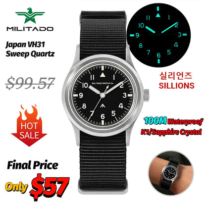 Militado New Ml14 Quartz Watches Man VH31 Sweep Movement K1 Or Sapphire 100M Waterproof Luminous 36Mm Vintage Military Watches