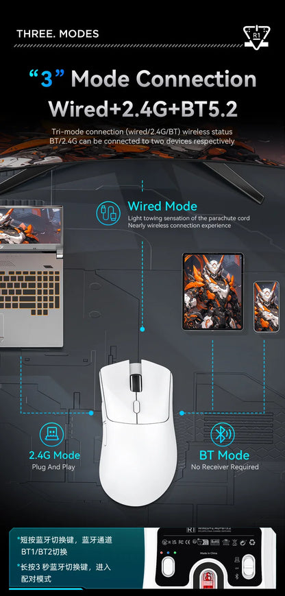 Mouse gaming wireless Attack Shark R1 leggero Bluetooth 2.4G PAW3311 18000DPI ergonomico con macro