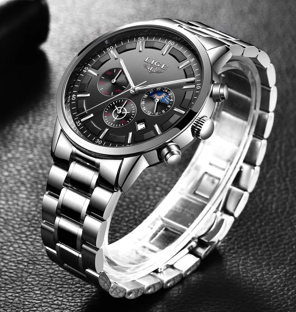Montre pour homme LIGE – Chronographe à quartz de luxe, étanche (3 bars), avec aiguilles luminescentes – Idée cadeau (boîte incluse)