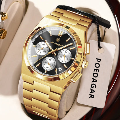 POEDAGAR Herrenuhr – Luxuriöser Chronograph aus Edelstahl, mit Datumsanzeige, wasserdicht und leuchtend – Sportliche Quarz-Armbanduhr