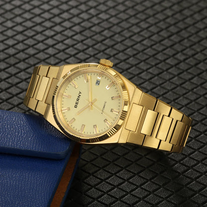 Montre automatique pour homme BERNY, dorée, verre saphir, aiguilles luminescentes, 100 % originale, équipée d'un mouvement PT5000, revêtement antireflet, modèle de luxe avec lunette interchangeable, étanche 5 ATM.