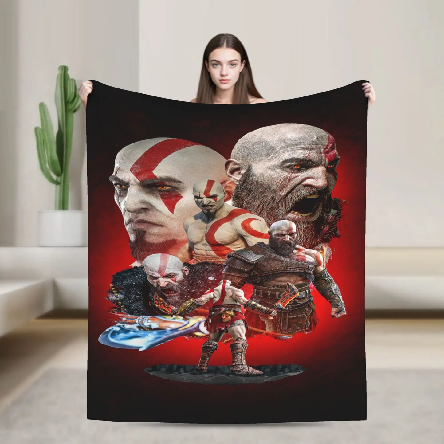 God of War Games Kratos Cartoon Blanket Warm Soft Pattern Plush Throw Blanket For Couch Chair Sofa Bed Bedspread Bed Cover