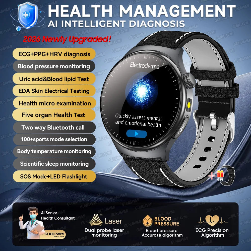 2026 AI Health Smartwatch ECG + PPG, Blood Pressure, Uric Acid & Body Fat Monitoring, AMOLED Display & Bluetooth Calling