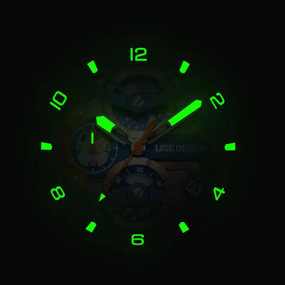 Montre pour homme LIGE Sports – Chronographe de luxe, bracelet en silicone, petits cadrans fonctionnels, mouvement à quartz, étanche et luminescente