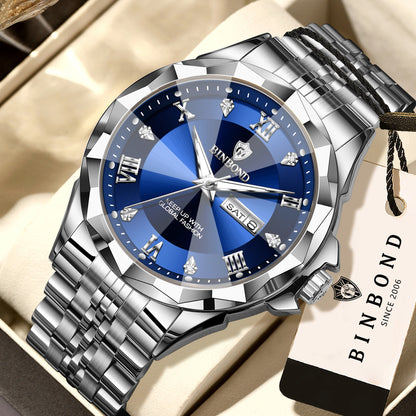 Montre à quartz pour homme BINBOND – Montre-bracelet de luxe, lumineuse et étanche, avec affichage du jour de la semaine et date automatique.