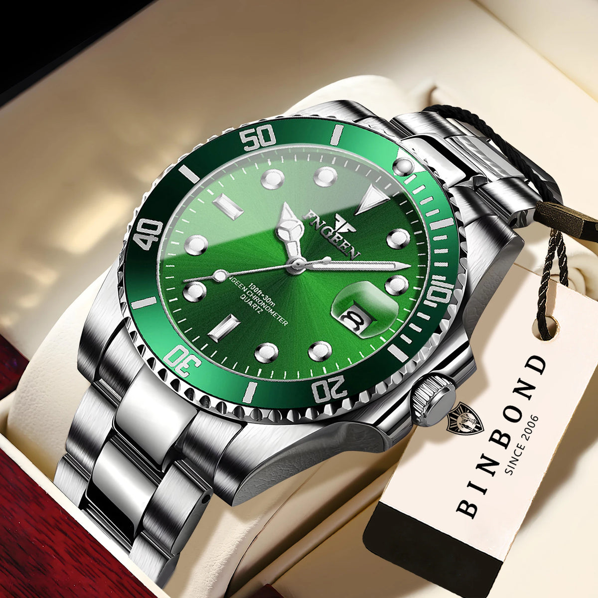 Montre-bracelet à quartz FNGEEN Son Brand de BINBOND avec bracelet en acier inoxydable pour homme, lumineuse et étanche, de luxe.