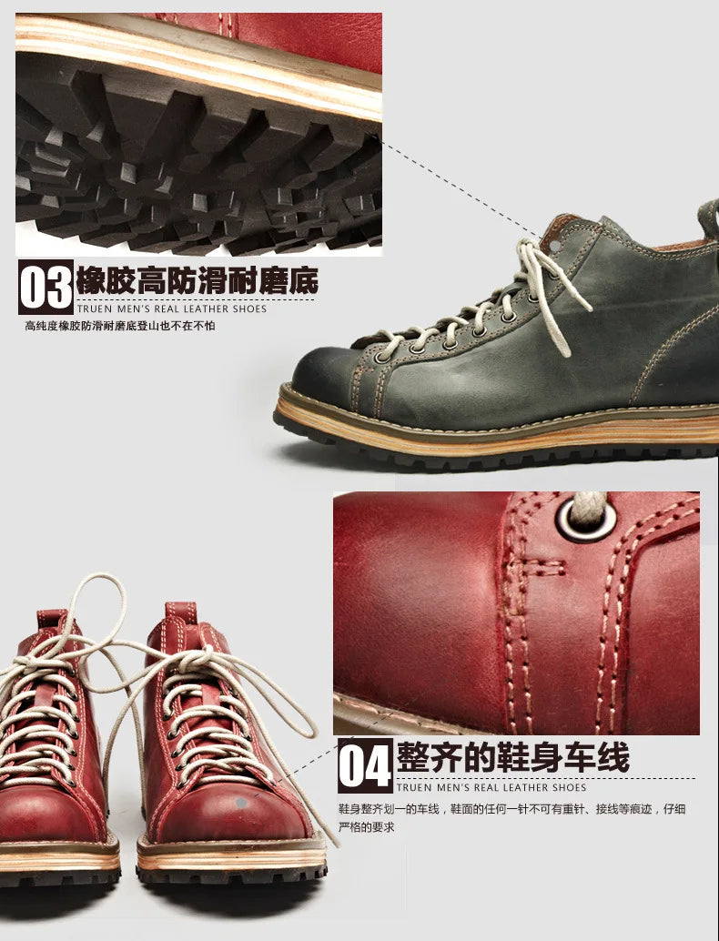 KOWM cowhide Hiking shoes men's walking boot British trekking shoes thick soled cowhide high top motorcycle boots ankle sneakers
