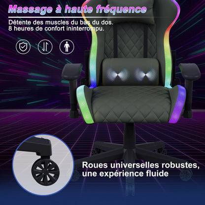 Ergonomic Gaming Chair with LED RGB Lights, Adjustable Gamer Chair with Lumbar Massage Support, Reclining Computer Chair for Teens & Adults