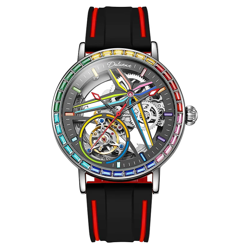 Rainbow Colored Gemstone Tourbillon Fashion Skeleton Watch Men Waterproof 30M Sports Watches Luxury Automatic Mechanical Clock