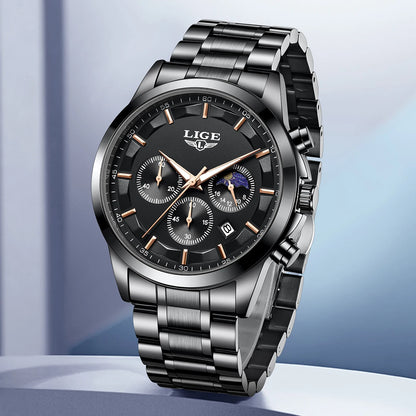 Reloj para hombre LIGE: cronógrafo de cuarzo de lujo, resistente al agua (3 bares), con agujas luminiscentes