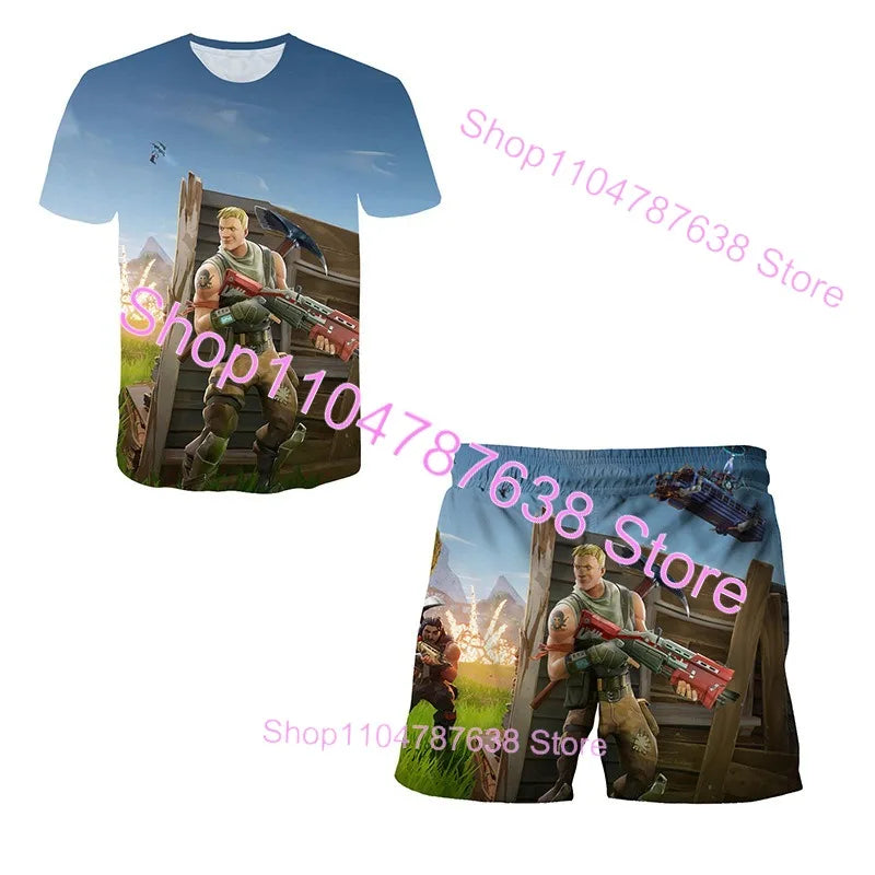 2PCS Suits F-Fortnited Victory 3D T-shirt Shorts Kids Tops Girls Boys Battle Royale Clothes Harajuku Tees Hero Children T Shirt