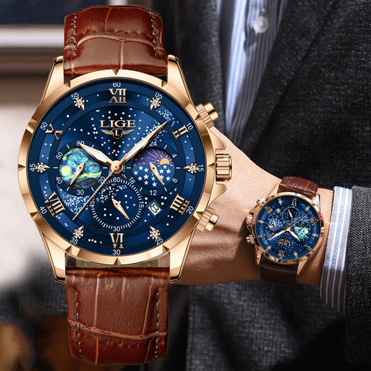 LIGE Men’s Watch – Luxury quartz watch, casual style, leather strap, ideal for work or sport, water-resistant, with date and chronograph.