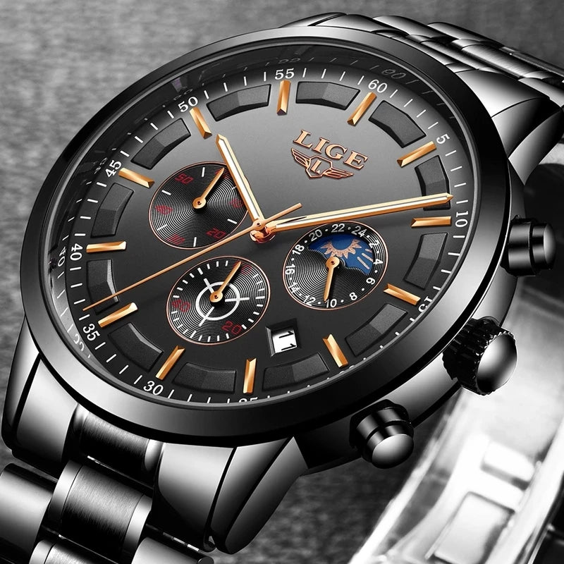 Montre pour homme LIGE – Chronographe à quartz de luxe, étanche (3 bars), avec aiguilles luminescentes – Idée cadeau (boîte incluse)