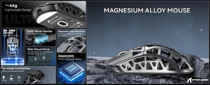 ATTACK SHARK R3 8KHz-mus i magnesiumlegering, PixArt PAW3395-sensor, op til 26000 DPI, 2.4G/BT/kablet, 46g superlet, til PC/Mac