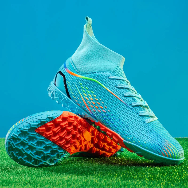 Chaussures de football à crampons multiples, semelle extérieure en caoutchouc à crampons courts et denses, semelle intermédiaire en EVA amortissante, tige synthétique douce et respirante, confort