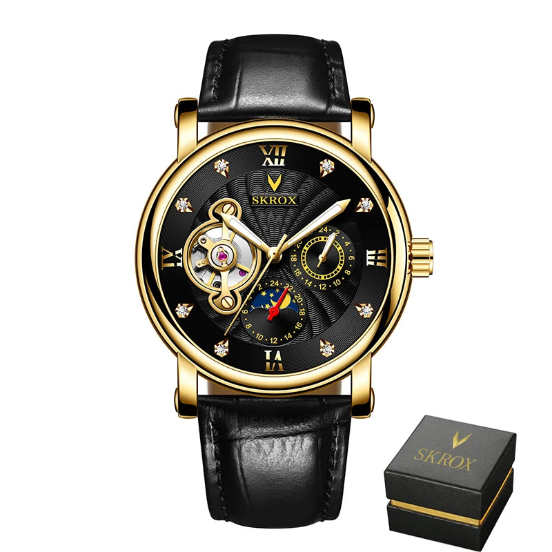 Luxe automatisch mechanisch herenhorloge van een bekend merk, voorzien van een tourbillon, een maanfase-indicator en diamanten – een elegant polshorloge.