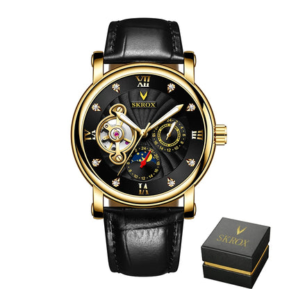 Luxe automatisch mechanisch herenhorloge van een bekend merk, voorzien van een tourbillon, een maanfase-indicator en diamanten – een elegant polshorloge.