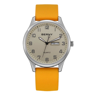 BERNY Men's Watches Luminous Calendar Week Quartz Men Watch Casual Soft Silicone Strap Easy Read Big Dial Sports Wristwatch