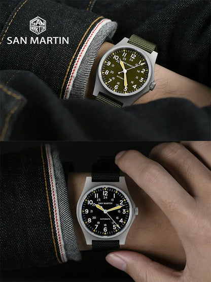San Martin Pilot Watch 38mm NH35 Retro Military Automatic Mechanical Wristwatch Bead Blasted Case Waterproof 100m SN0137
