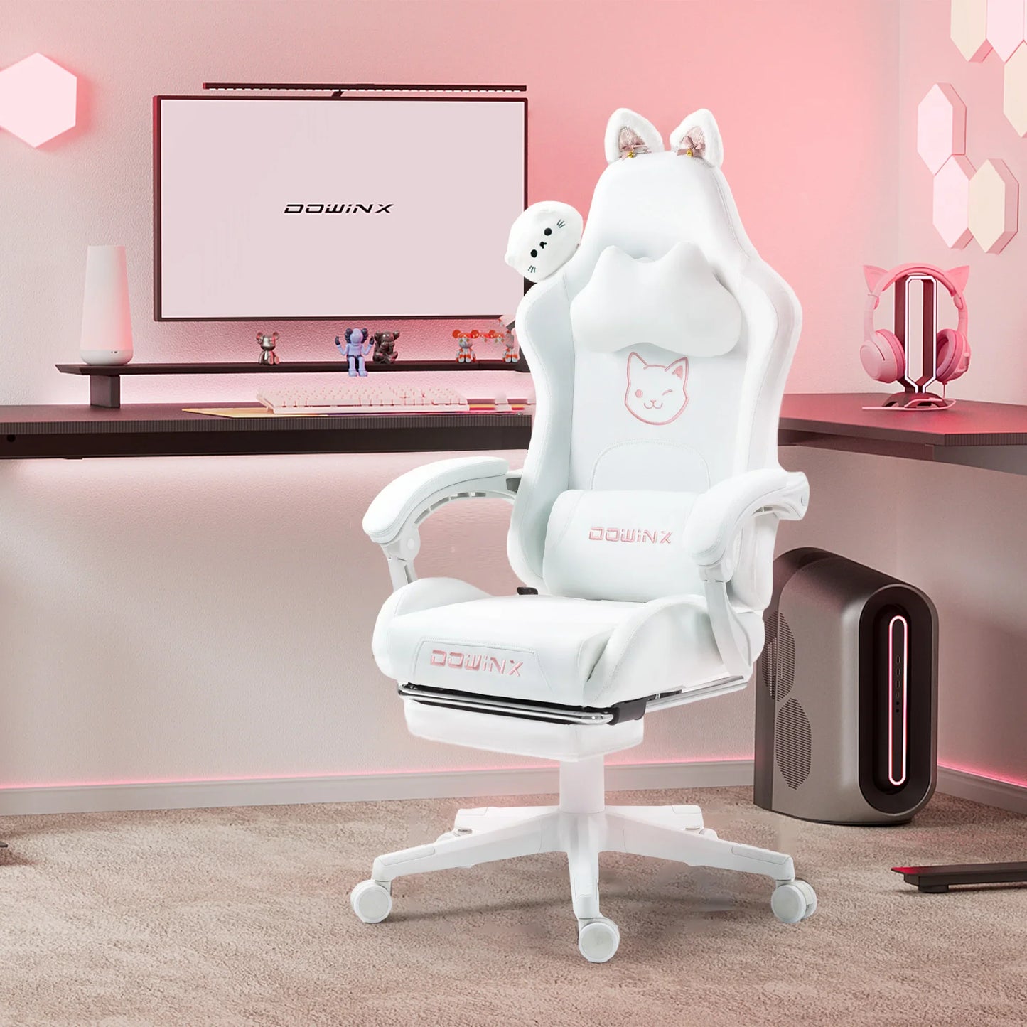 Сладък гейминг стол с котешки ушички и поставка за крака, розов Kawaii компютърен стол, ергономична геймърска седалка с висок гръб и лумбална опора с котешка лапичка
