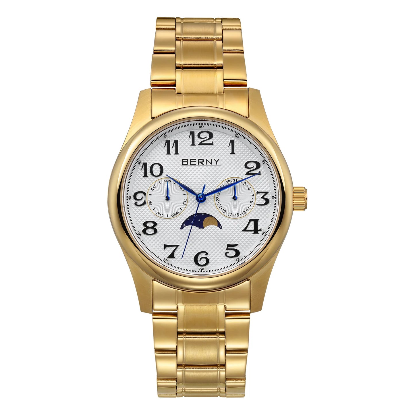 BERNY Watches for Men Moon Phase Quartz Men's Watch Day and Date Calendar Easy Read Vintage-Style Business Dress Wristwatch