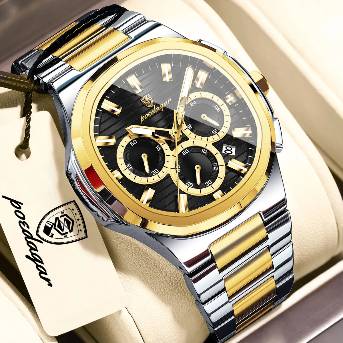 POEDAGAR Men’s Luxury Stainless Steel Quartz Watch  Waterproof Chronograph with Luminous Dial & Date