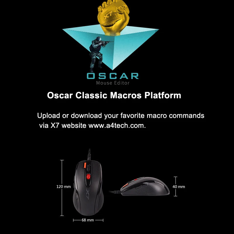Rato Gaming A4TECH X7 X-710BK Oscar, 2000DPI, 1000HZ, roda 4D, memória integrada de 160K, Oscar Mouse Editor, sem driver