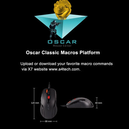 Rato Gaming A4TECH X7 X-710BK Oscar, 2000DPI, 1000HZ, roda 4D, memória integrada de 160K, Oscar Mouse Editor, sem driver