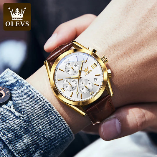 Montre-bracelet chronographe pour homme OLEVS 2872 – Bracelet en cuir, étanche, aiguilles luminescentes, mouvement à quartz, style sport de luxe