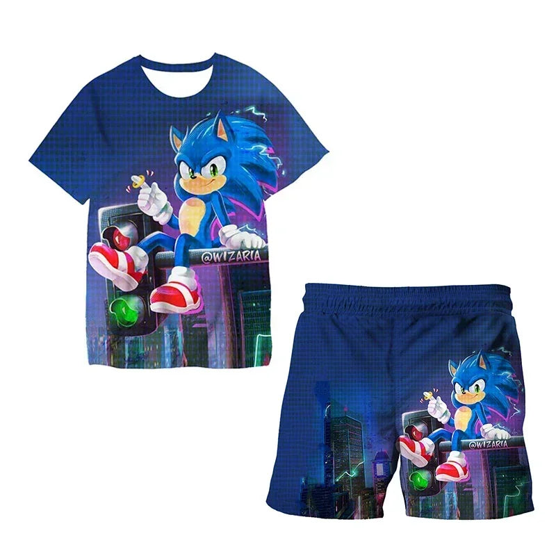 Sonic The Hedgehog Top Fashion 3D Anime Children's T-shirt Set Short Sleeve + Shorts Two-piece Set Girls Boys Cosplay Costume