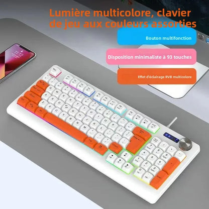 93-Key Minimalist Wired Gaming Keyboard Mixed Color Lighting With Multifunction Knob Mechanical Feeling Keyboard For PC Gamers