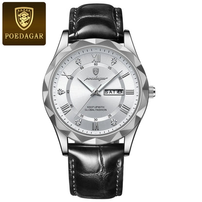 Montre pour homme POEDAGAR, modèle original de luxe : étanche, luminescente, avec affichage de la date et du jour. Montre à quartz au style classique et professionnel, dotée d'un bracelet en cuir.