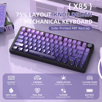 Teclado mecânico ATTACK SHARK X85 Tri-mode Gasket 75% com botão CNC, acolchoamento de 5 camadas, hot-swappable, retroiluminação RGB, NKRO