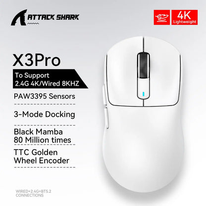 X3 Gaming Mouse Wireless ATTACK SHARK Rot 4K Rückläufe, Bluetooth-Tri-Mode-Verbindung, PAW3395, Makro-Bluetooth-Gaming-Maus