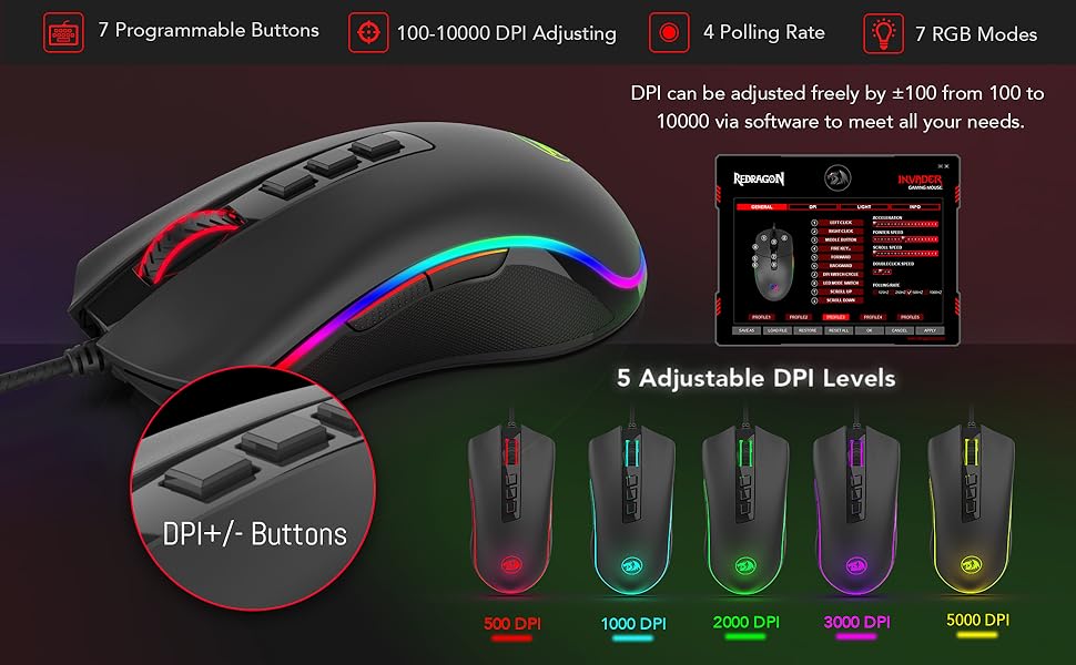 Redragon M711 PC Gaming Mice Wired Mouse 7 Programmable Buttons Customizable RGB 10,000 DPI Ergonomic Mouse